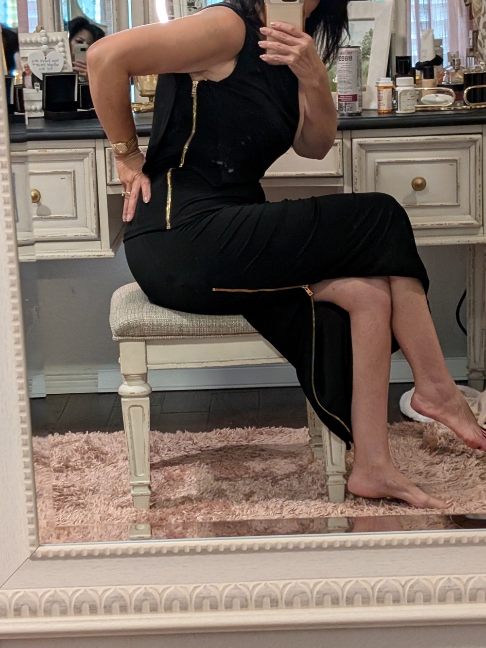 LOFT Black Pencil Skirt and Top with Gold Zipper Detail